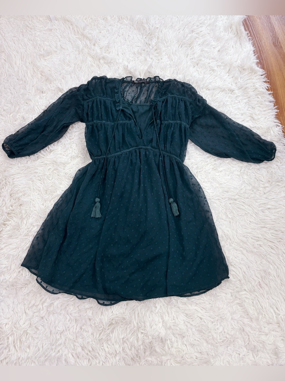 Sheer Swiss Dot Tassel Tie Mini Dress - forest green